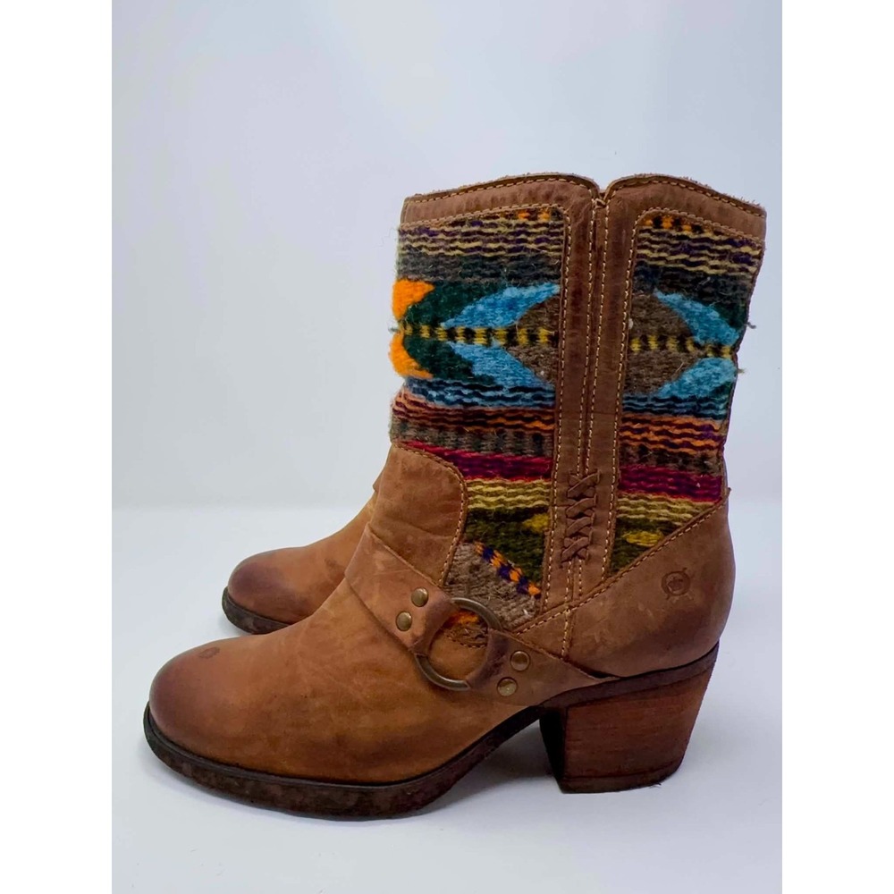 Born Wynd Heritage Boots Womens Size 7.5 Brown Leather Southwestern Wool Harness